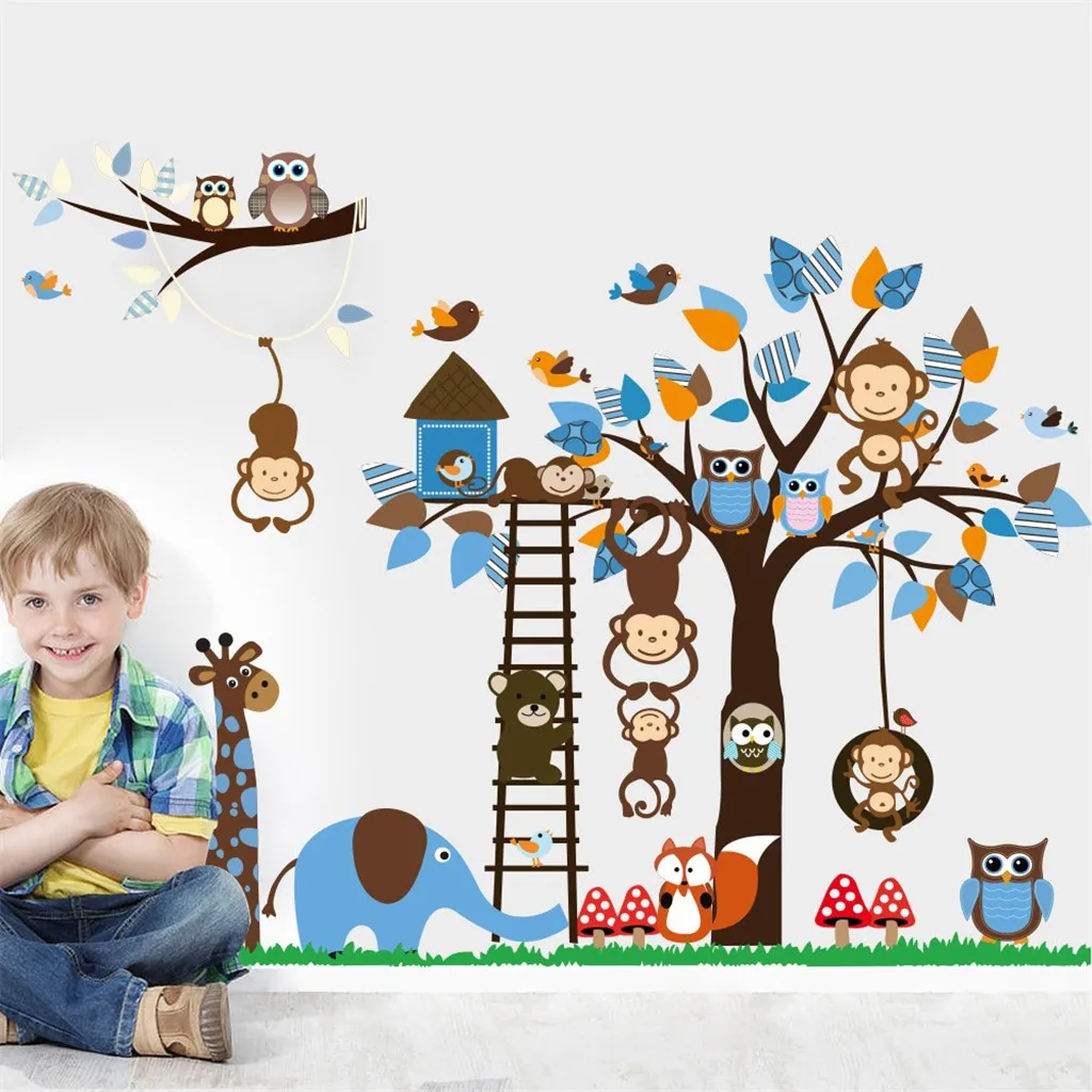 Большое дерево животных настенные наклейки для детской комнаты украшения 1213. Обезьяна Сова зоопарк мультфильм diy Дети Детские наклейки на стену для дома# 30gy
