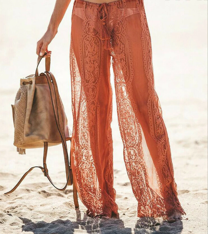 New Women's Ladies Sexy Floral Lace Pants Beach Bikini Cover Up Trousers Chiffon See-Through Solid Swimming Costume
