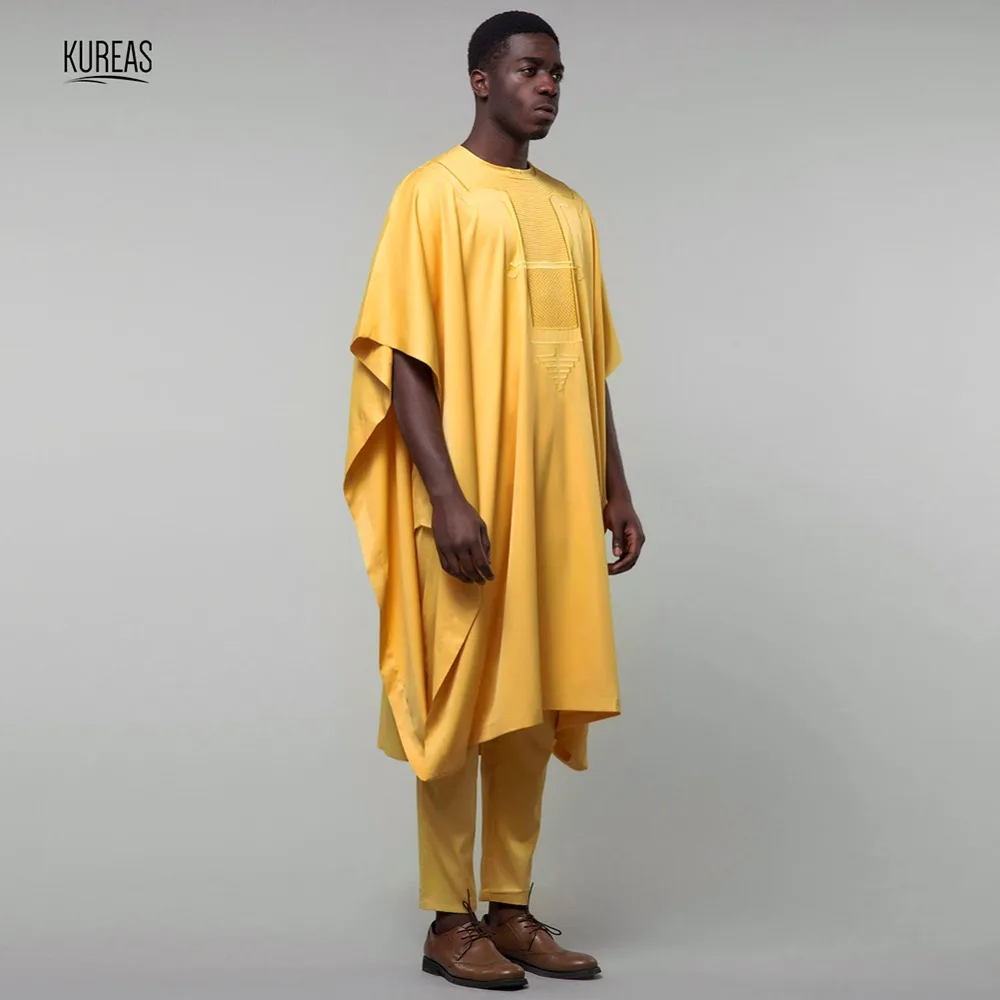 Kureas Африканский Agbada традиционный Мужской комплект из 3 предметов с короткими рукавами Дашики костюм желтый Бубу африканская Роба формальный наряд