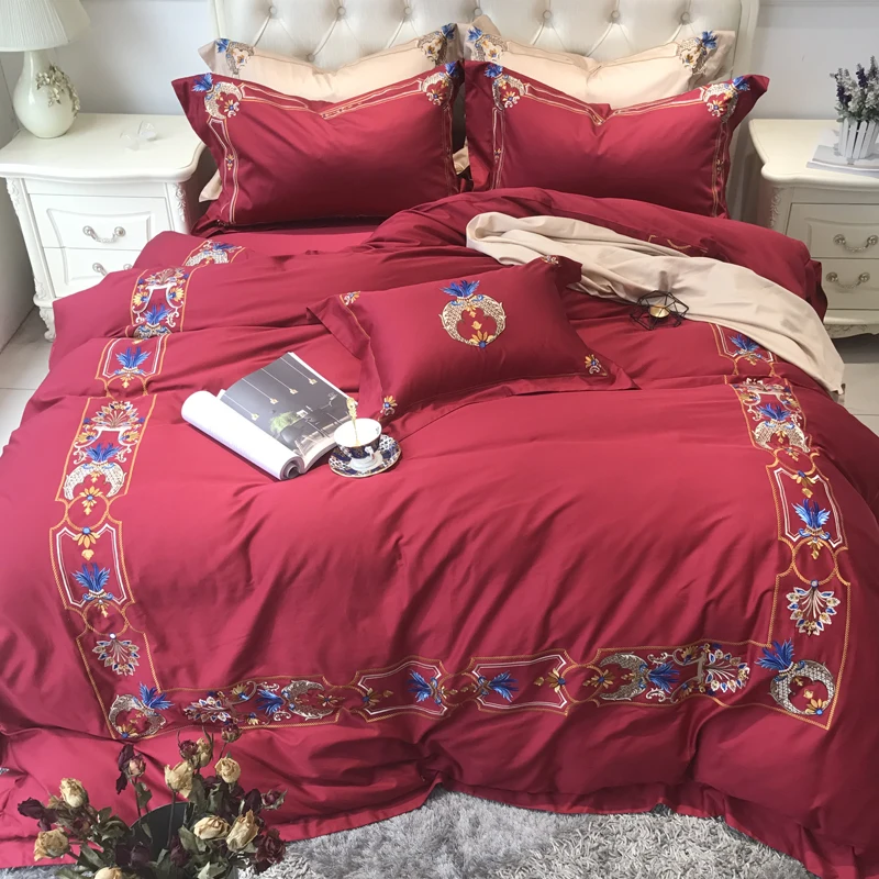 

Red Egyptian Cotton Luxury Royal Bedding set blue Embroidered Queen King Size Duvet Cover Bed linen set Decorative Pillowcase