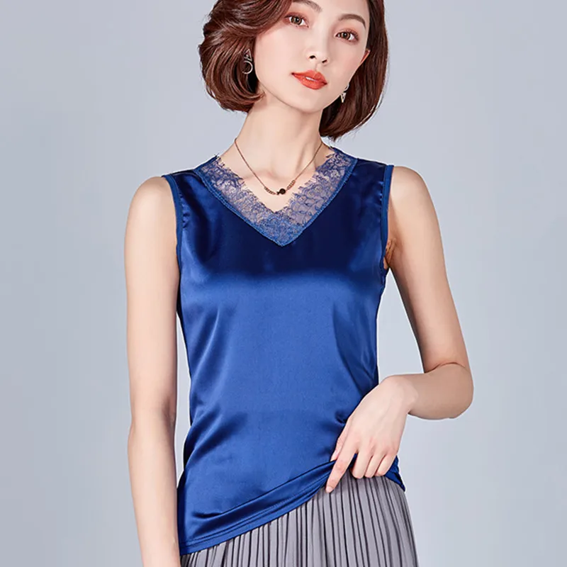 Lace V-Neck Satin Silk Top Sexy Tops for Women Fitness Tank Green Elegant Workwear Women's Sleeveless Plus Size XXXL | Женская
