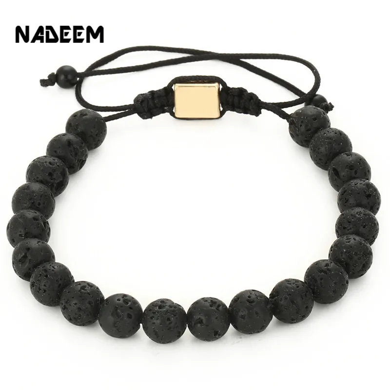 Женский и мужской браслеты 8 мм лава камень бусина золотой цвет оплетка тканый