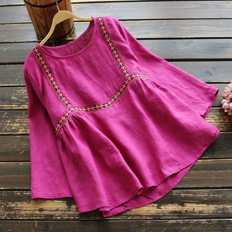 5114 New Spring Women Japan Style Literary Loose Nine Quarter Sleeve Blouse Linen O-Neck Embroidery Shirt Tops | Женская одежда