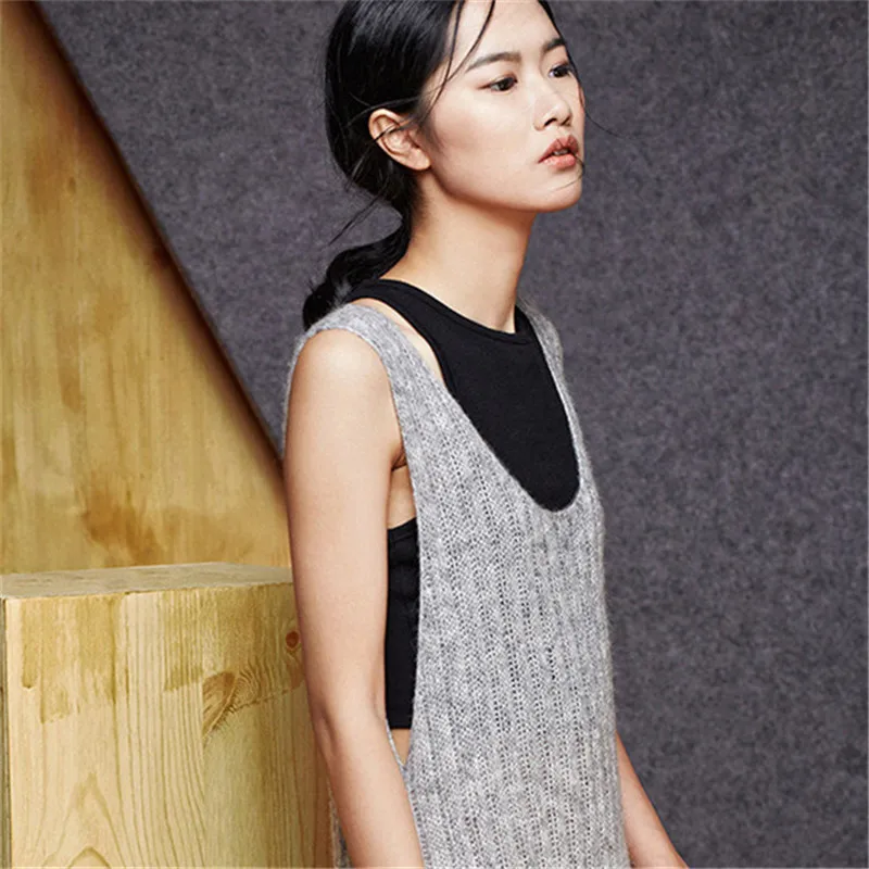 

100% hand made wool thin knit women fashion Oneck sleeveless vertical striped long pullover sweater customized