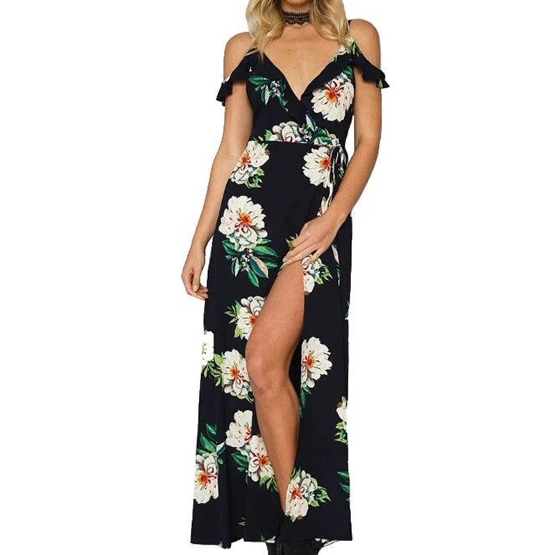 Floral Print Summer Dress 2018 Sexy V Neck Strap Long Women High Split Bohemian Beach Dresses Off Shoulder Vestidos Mujer | Женская
