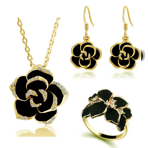 yellow gold black 18 Брендовый дизайн камелии, кулон, Модный женский золотой цвет, черный Рисунок, роза, цветок, ожерелье, серьги, кольцо, ювелирные наборы 82606 - Окраска металла: yellow gold black 18