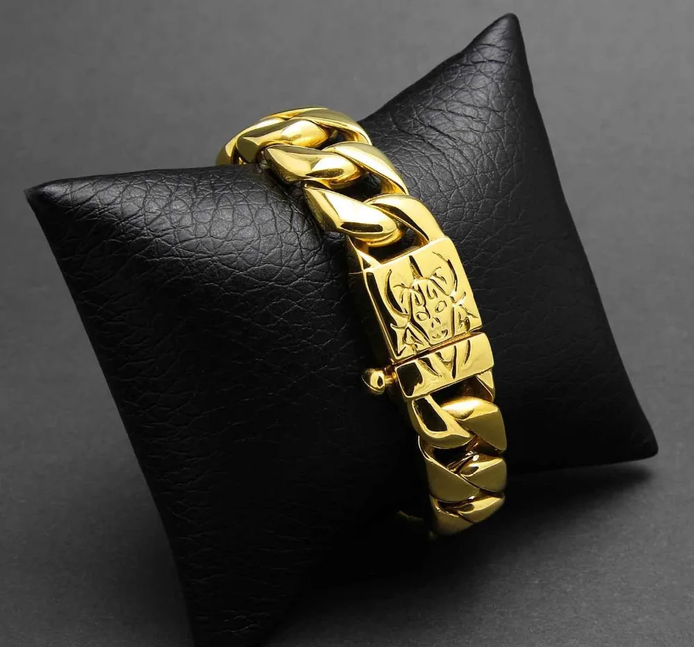 Мужской огромный однотонный блестящий золотой браслет из нержавеющей стали 316L