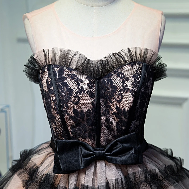 AnXin SH Short style hostess black lace evening dress banquet bow princess fluffy adult sweet | Свадьбы и торжества