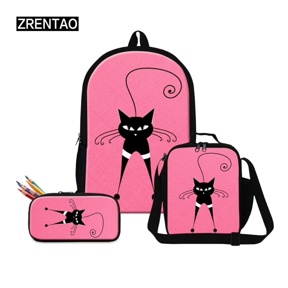 

Школьные сумки ZRENTAO с принтом кота из мультфильма, 3 предмета в комплекте, рюкзак для девочек с Обеденным кулером + пенал из полиэстера, двойн...