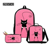 ZRENTAO cartoon cat print school bags 3 PCS\set girls backpack with lunch cooler+pencil case polyester double shoulder bags