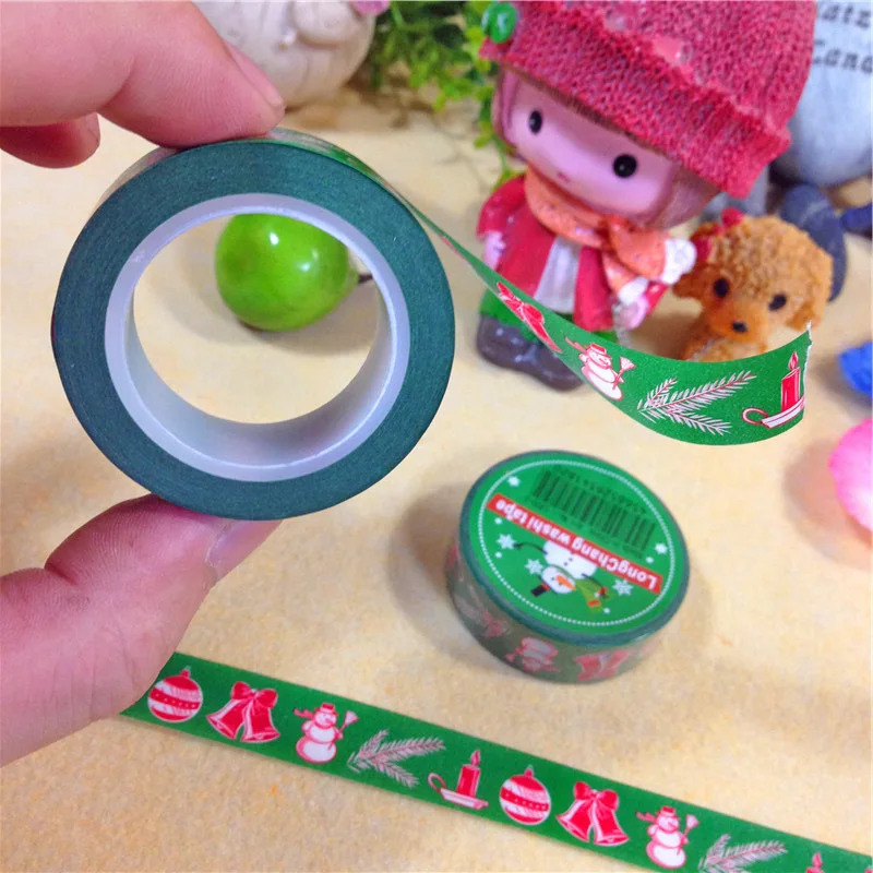 

Free shipping 15mm*10m*2rolls christmas paper tape/green background /snowman and bell washi tape