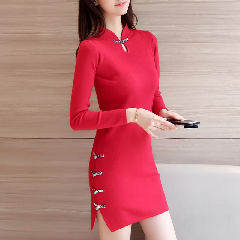 korean fashion Long sleeve head female 2016 new winter half turtleneck sweater dress cheongsam slit bottoming sweaters slim | Женская