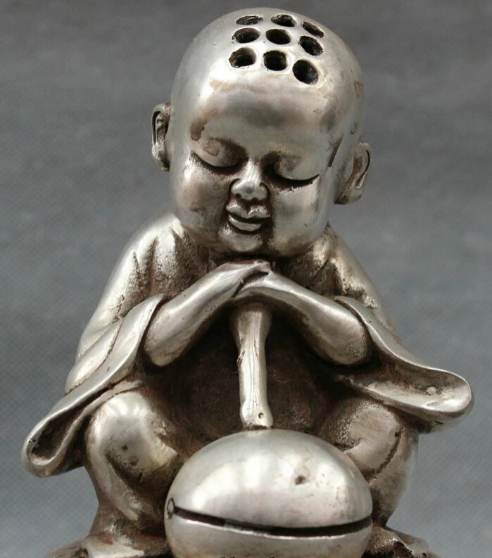 song voge gem S4235 Chinese Silver Buddhism Pray Kid Monk Buddha Statue Box Incense Burner Censer |