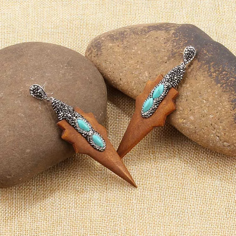 2020 новые Стразы-краями деревянное длинные висячие серьги для женщин Мульти-shape