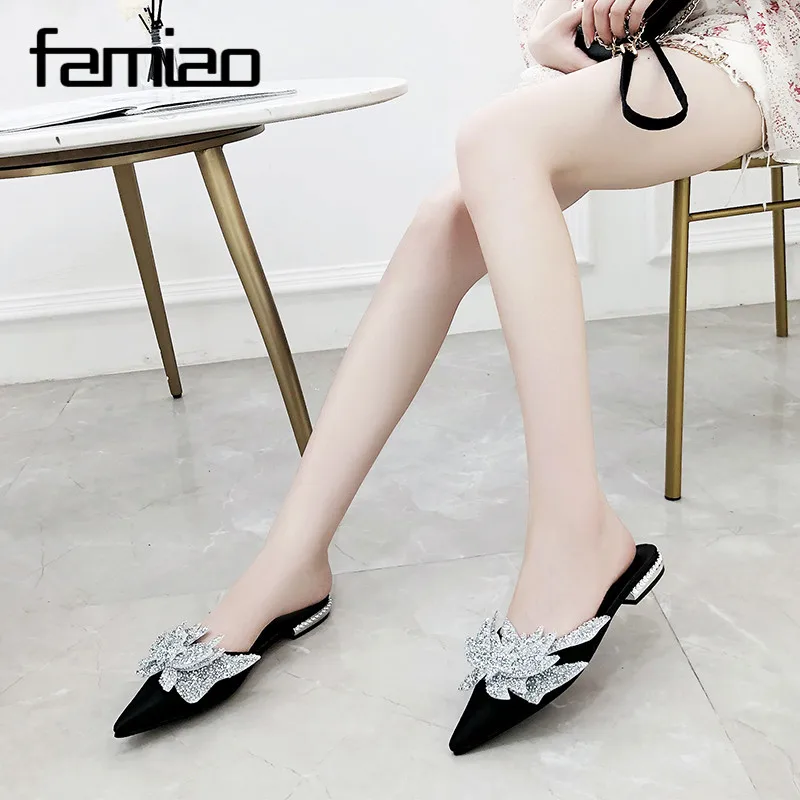 FAMIAO 2018 горный хрусталь Тапочки Мода blingbling кристалл женские мюли шелковые с