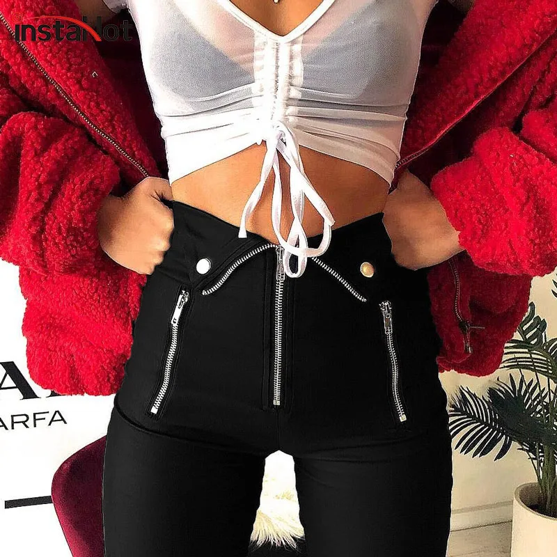 InstaHot, эластичные узкие брюки на молнии с высокой талией, женские осенние узкие эластичные брюки, Повседневная Уличная одежда, женские обтягивающие зимние черные брюки