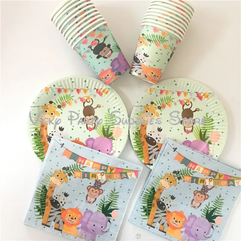80pcs 80 шт./лот, одноразовые кружки, тарелки, салфетки с рисунками животных из мультфильмов, Детские вечерние столовые приборы - Цвет: 80pcs