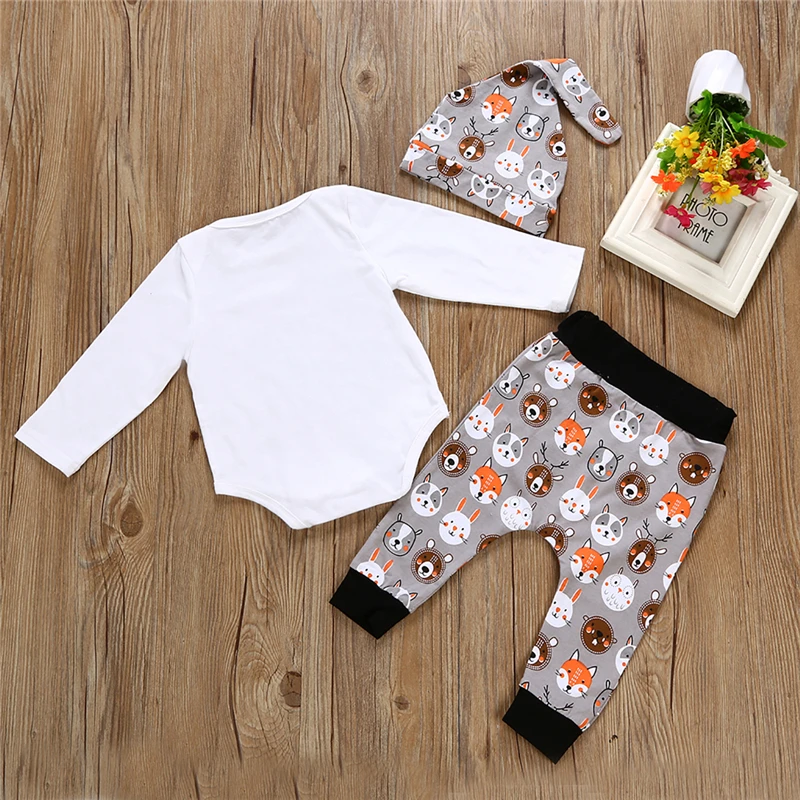 3PCS Baby Unisex Cartoon Clothes Set Fall Newborn Boy Girl Romper Beer Print Pants Outfits 2017 New Bebes Kids Clothing | Детская одежда