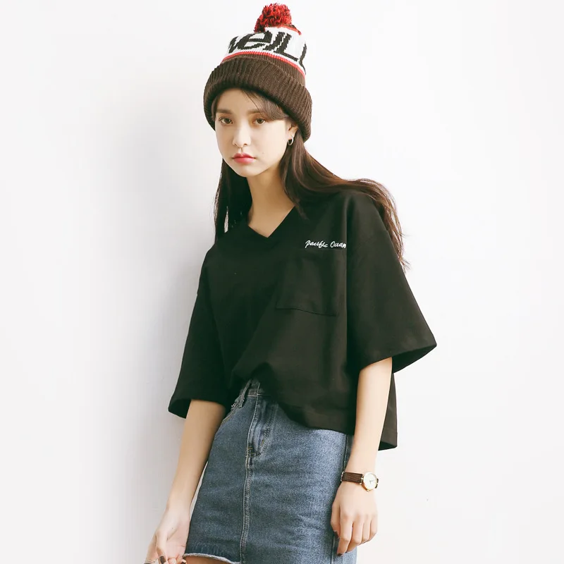 summer t-shirts loose V-neck letter embroidery cotton t-shirt women short-sleeve black white and orange crop top A595 | Женская одежда