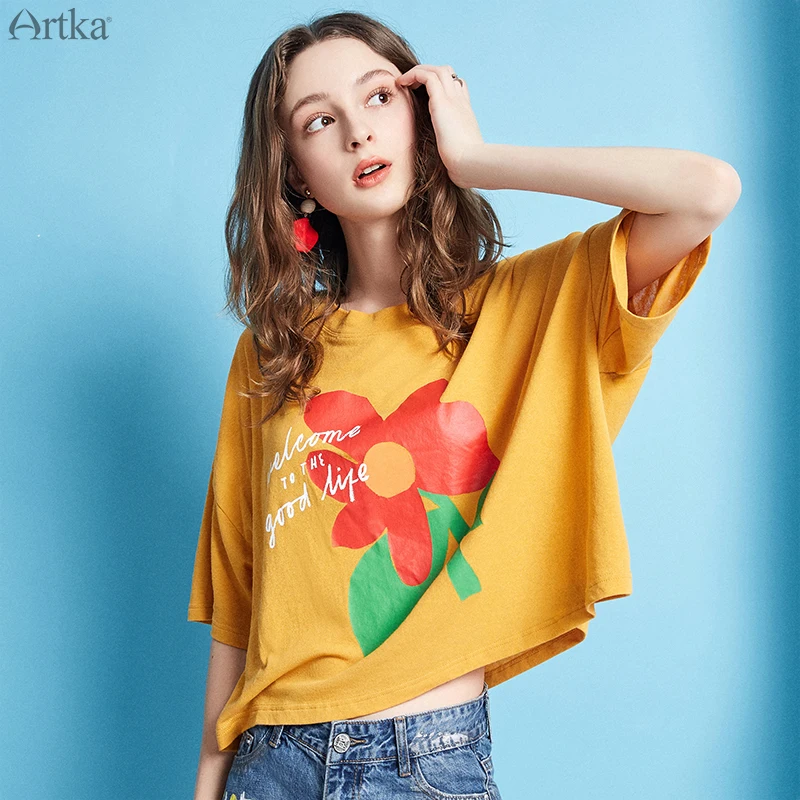 Фото Женская футболка ARTKA Повседневная Свободная с коротким рукавом и - купить