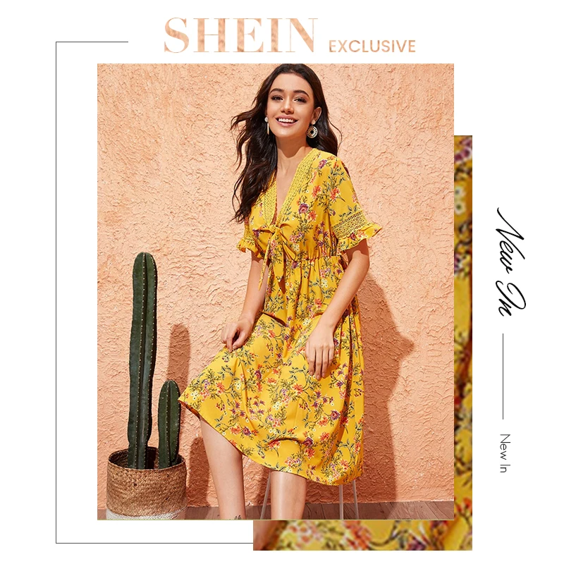 SHEIN, имбирное Гипюровое платье с кружевной вставкой и узлом спереди, Цветочное платье, женское платье миди с v-образным вырезом, платье с оборками на талии, летнее платье с рукавами