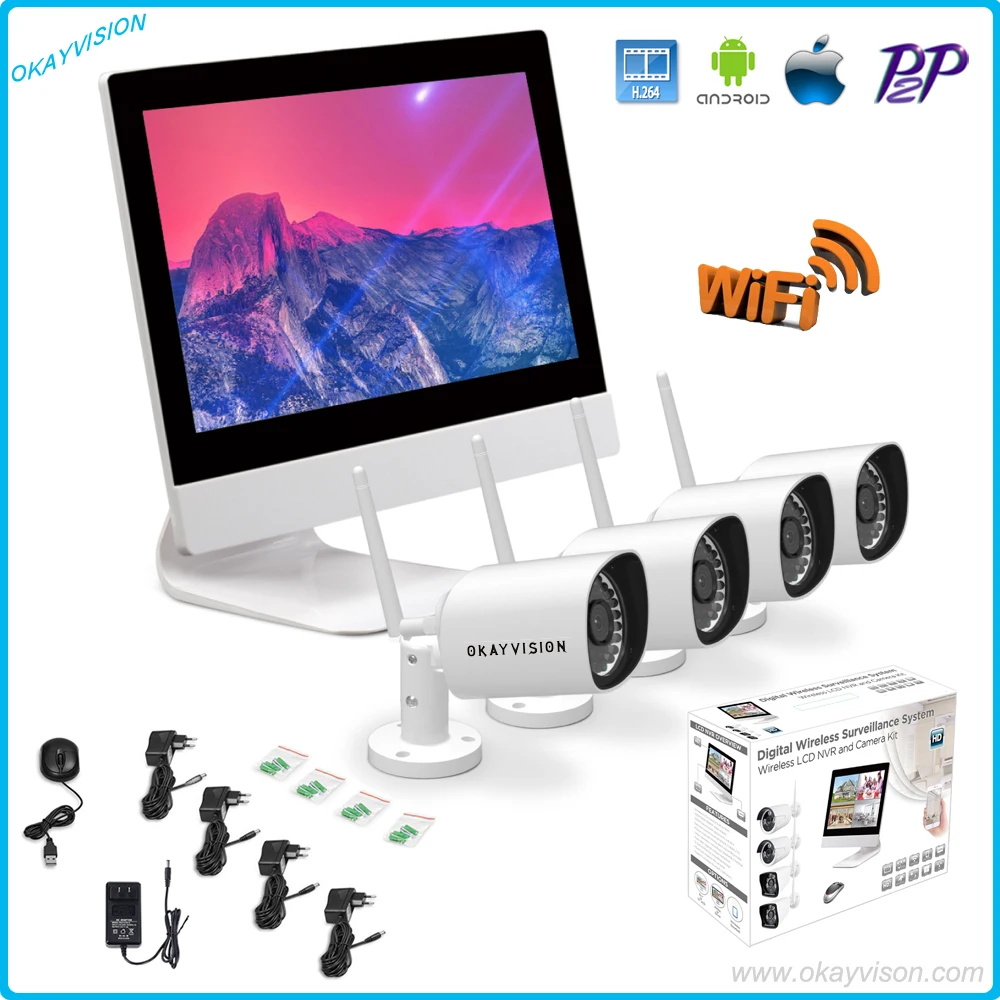 P2P видеонаблюдения 10 дюймов ЖК дисплей 720 P 4ch WI FI NVR комплект Мониторы ИК Открытый IP