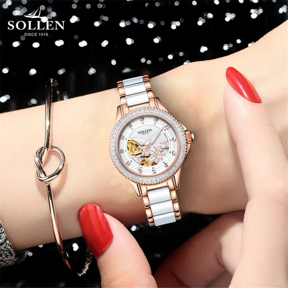 

SOLLEN Watches Women With Flowers 2017 New Ladies Wristwatch Waterproof Ceramic Band Sapphire Automatic Mechanical Watch Hot