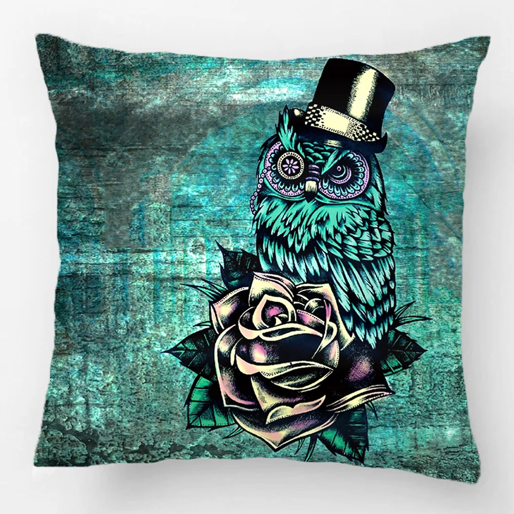 Teal Tattoo Style Sugar Skull Owl With Hat Throw Pillow Case Decorative Cushion Cover Pillowcase Customize Gift For Sofa Seat