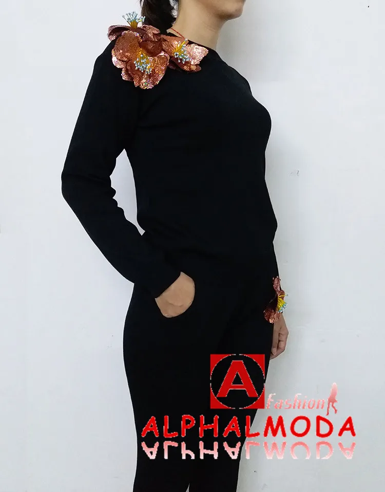 ALPHALMODA свитер с блестками и цветочным принтом+ брюки 2 шт. модные костюмы для женщин осень зима Vogue стильные Джемперы брюки наборы