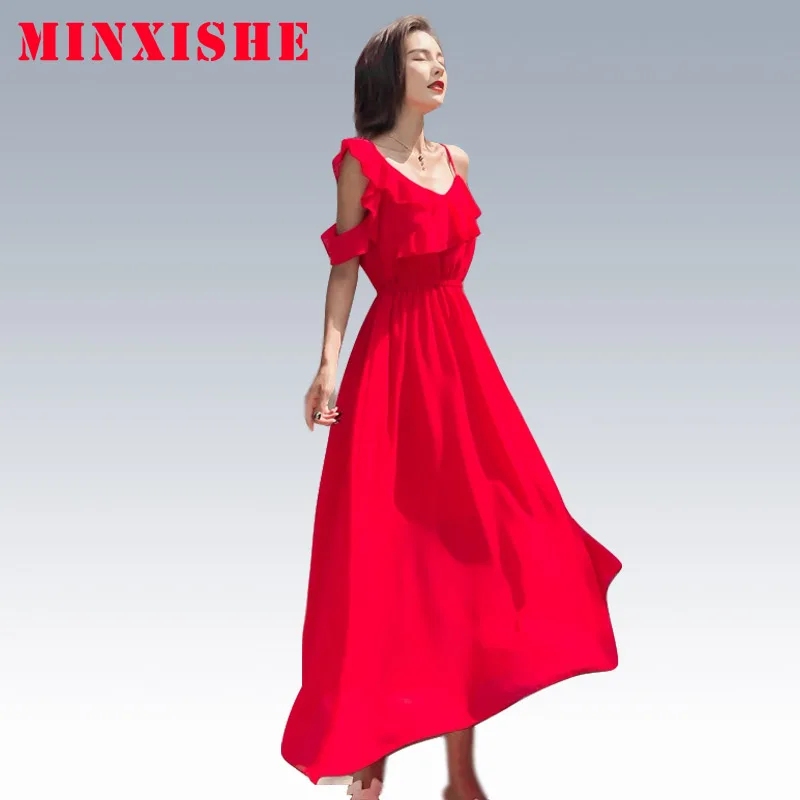 Summe Women Dress 2019 Sexy Bodycon Elegant Boho Maxi Vintage off shoulder v neck beach Casual Club party night Long Red | Женская