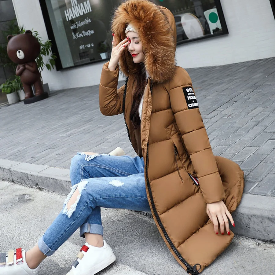 Зимняя куртка женская 2018 Меха воротник с капюшоном хлопка ватник Длинные зимнее