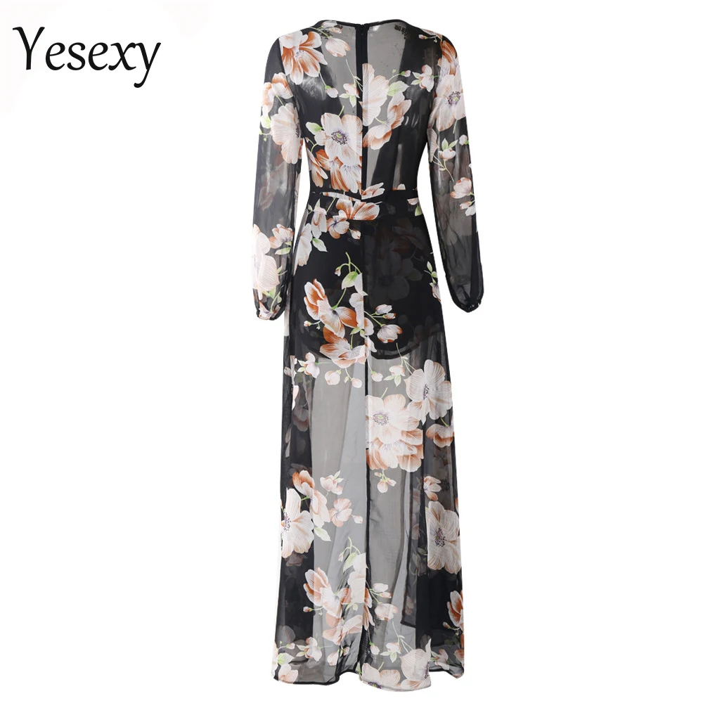 Yesexy 2018 Сексуальная Глубокий V с длинным рукавом печать плащом playsuit