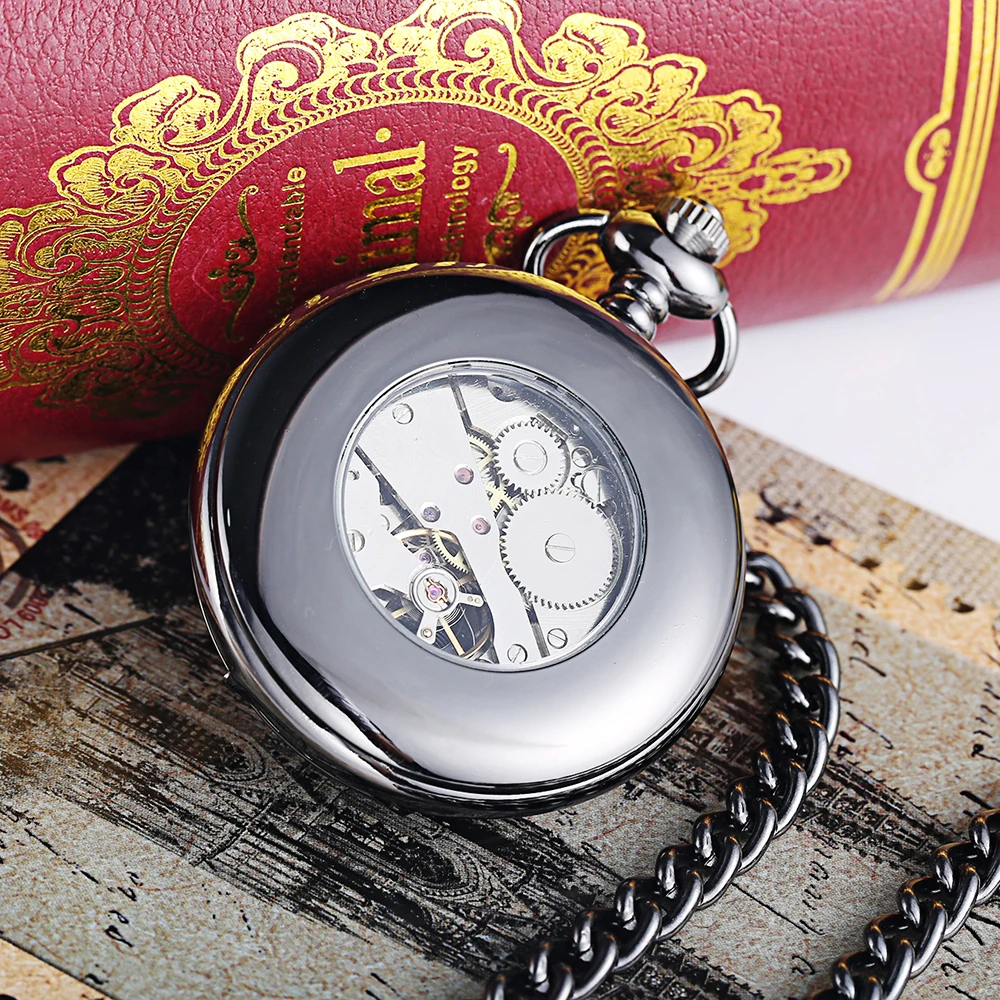 

OUYAWEI Vintage Pocket Watch Black Case Hollow Dial Moon Phase Function Hand Wind Mechanical Fob Watch