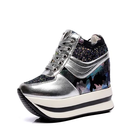 BANGJIAO New Fashion Bling High Heels Lady Casual Shoes Ladies Wedge Platform Sneakers Women 11CM Dwing Dlimming Shoes - Цвет: Черный