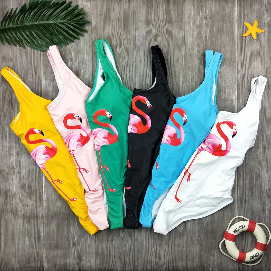 

M&M 2019 New One Piece Swimsuit Flamingos Printed Women Summer White Black Backless Swimwear Sexy Bathing Beachwear Bodysuit