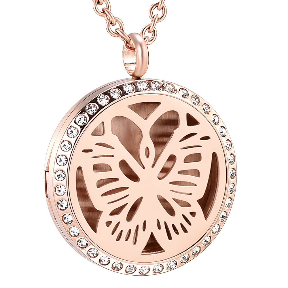 

IJP0099 Stainless Steel Inlay Crystal Round Butterfly Aromatherapy Pendant Essential Oils Diffuser Perfume Free12 Pads Necklace