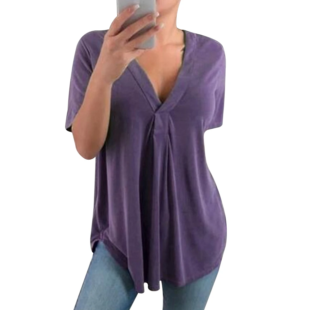 Летняя футболка с v образным вырезом и коротким рукавом Повседневная Свободная