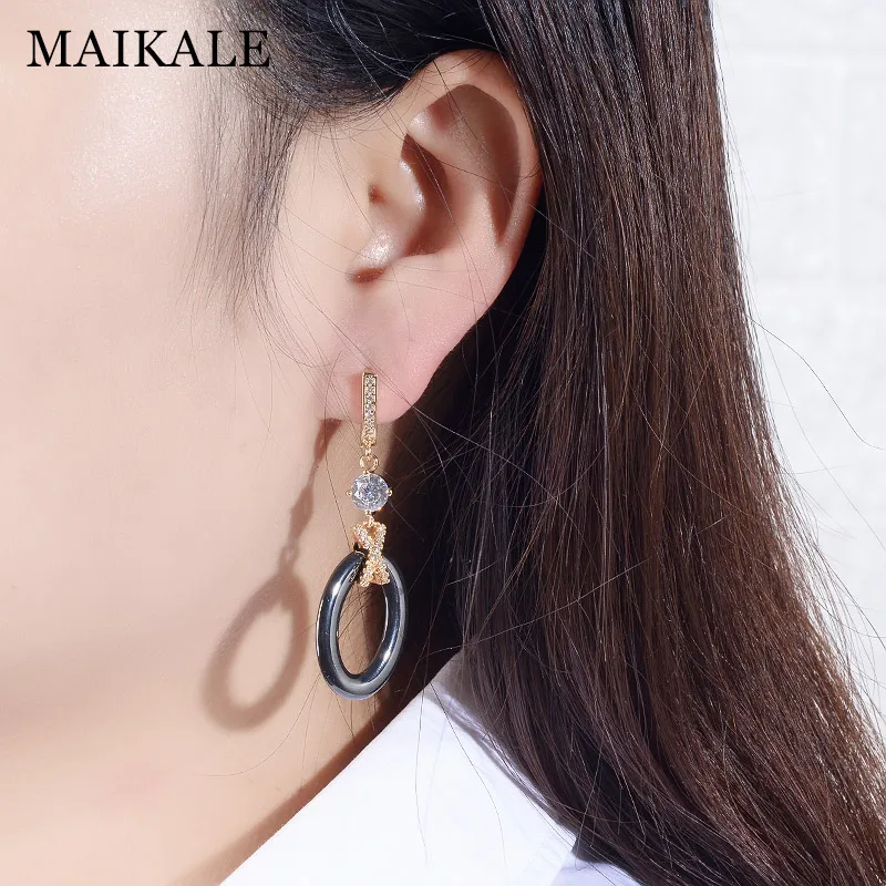 MAIKALE, новые модные керамические висячие серьги, круглая форма х, медь AAA, фианит, черное белое золото; серебро; Сережки для женщин