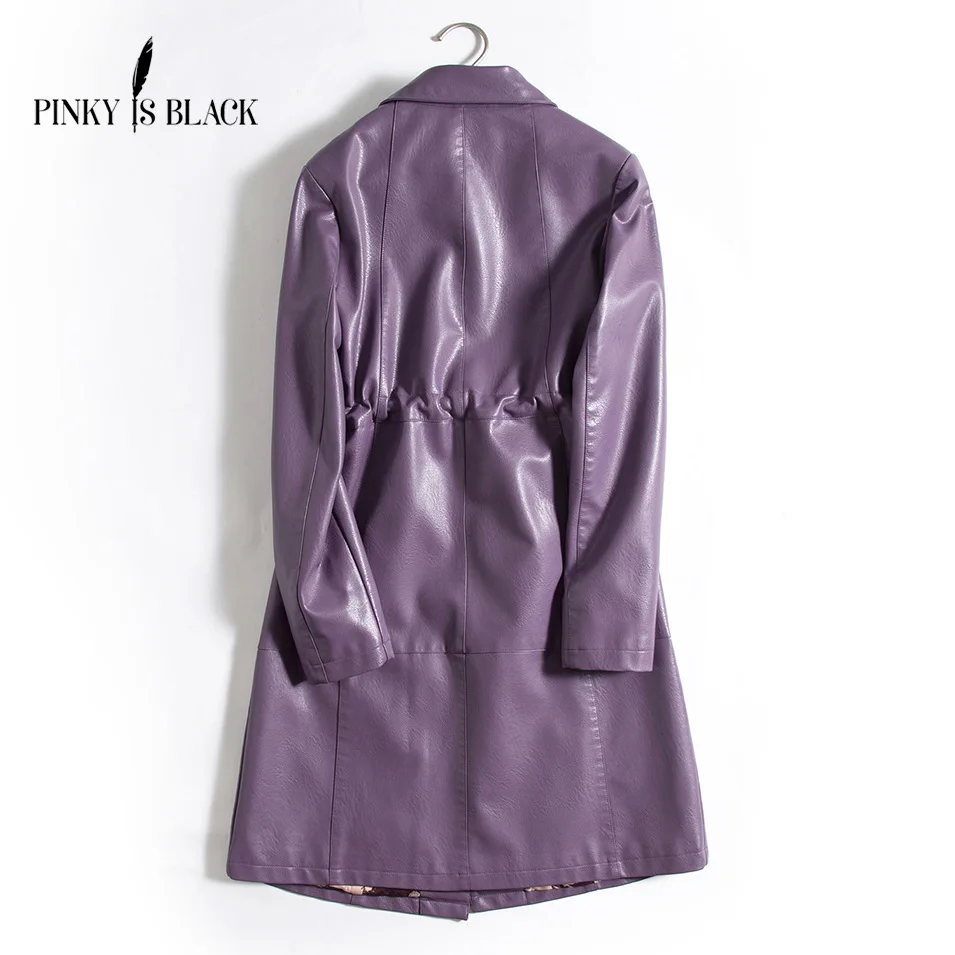 Pinky Is Black 2019 New Elegant Autumn Winter Leather Jacket Women Medium Long Red PU Leather Coat Ladies Slim Motorcycle Jacket