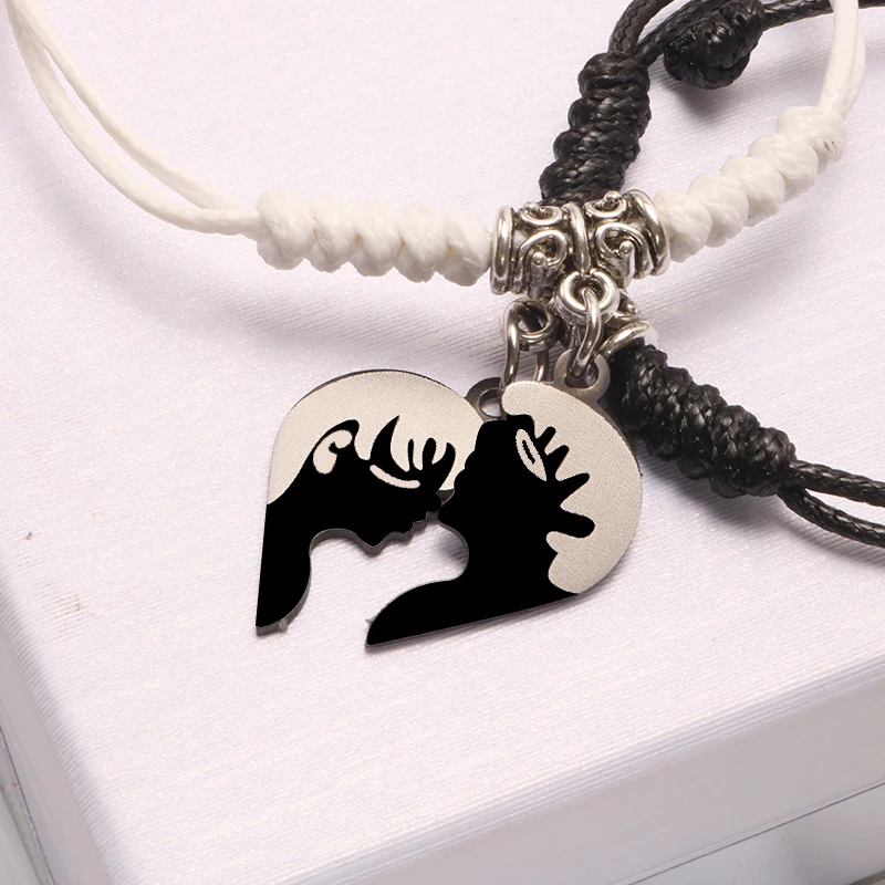 Boy Girl Couple Charms Pendant Bracelet Adjustable Hearts Black White Handmade Stainless Steel for Women Jewelry Gift | Украшения и