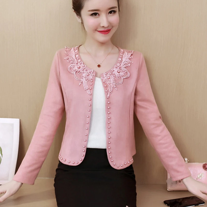 Spring Autumn Short Jacket Women Plus Size 4XL Pink Basic Jackets Beading Womens Thin Coats Long Sle