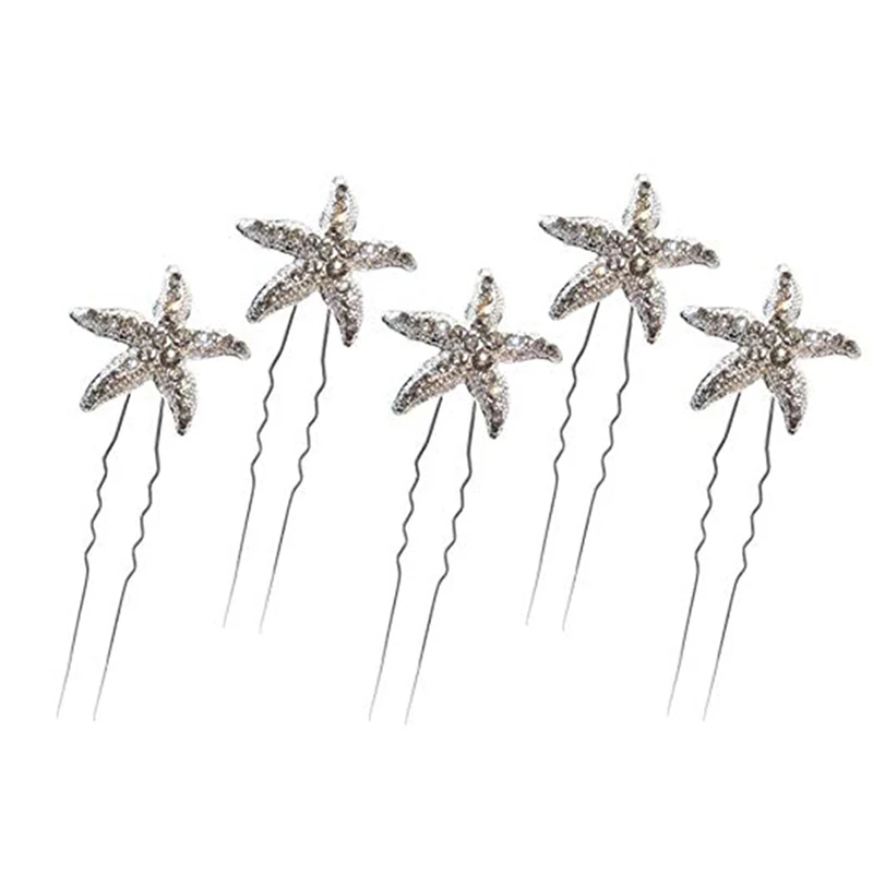 Starfish rhinestone Белый 6 комплектов Блестящие Свадебные Заколки Морская звезда Стразы Жемчуг u-образная булочка невесты палка королева ювелирные украшения для волос вилка аксессуар - Окраска металла: Starfish rhinestone