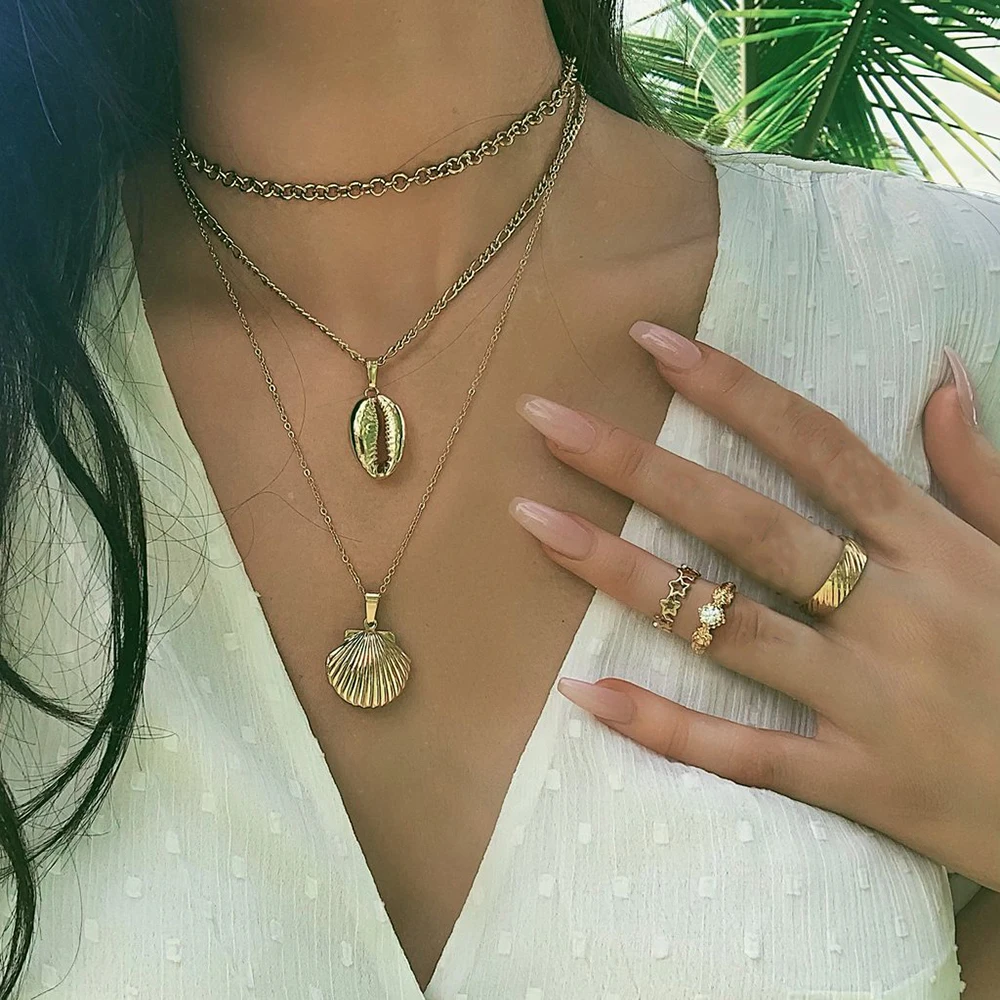 Bls-miracle Fashion Multi layer Shell Necklaces& Pendants For Women Trendy Charm Gold Chain Choker Necklace Ladies Jewelry