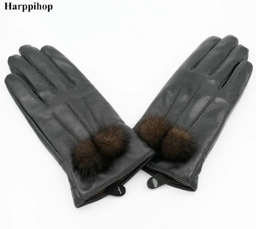 

Harppihop зимние перчатки из натуральной кожи для женщин перчатки из овечьей кожи 2017 новое поступление модные теплые варежки из норкового шарик...