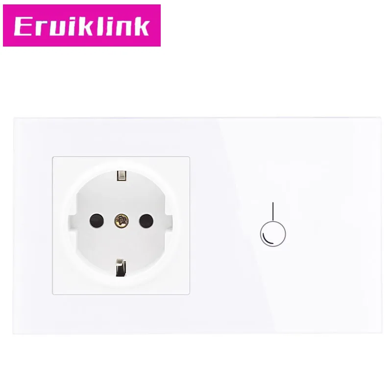 Eruiklink AC220~ 250 В, белая кристальная стеклянная панель, настенный сенсорный выключатель, 16А стандарт ЕС, настенная розетка с выключателем, светильник