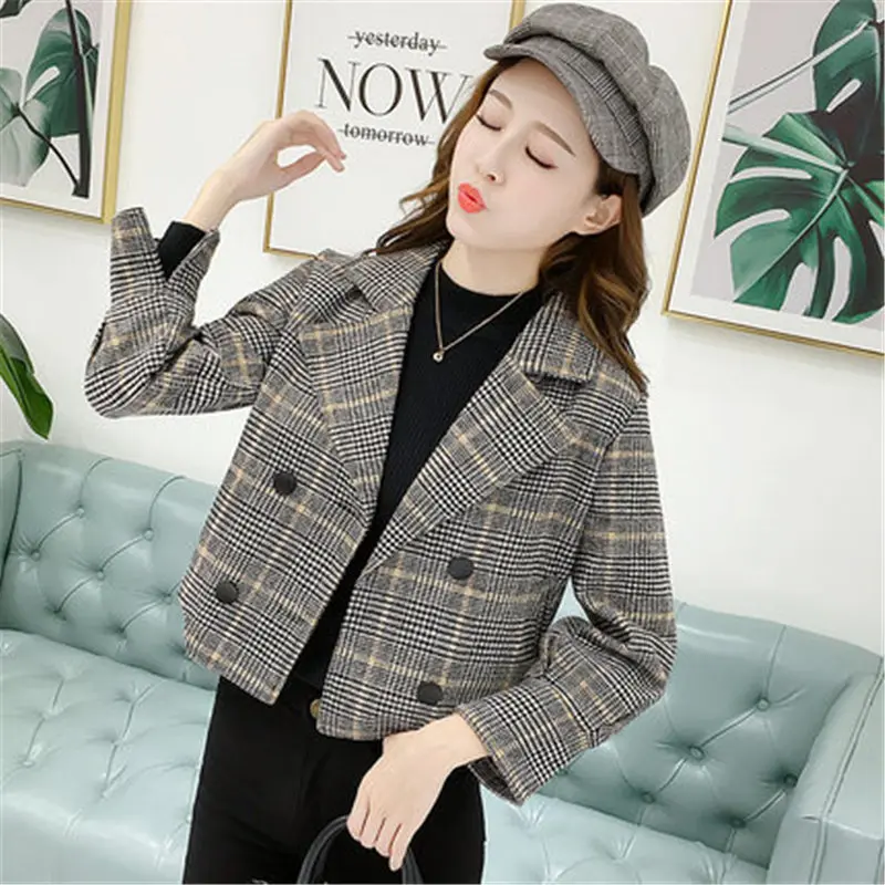 

Woolen Coat Women Short Jacket 2020 New Spring Retro Double-breasted Lattice Woolen Coat Autumn Thin Ladies Outerwear v795