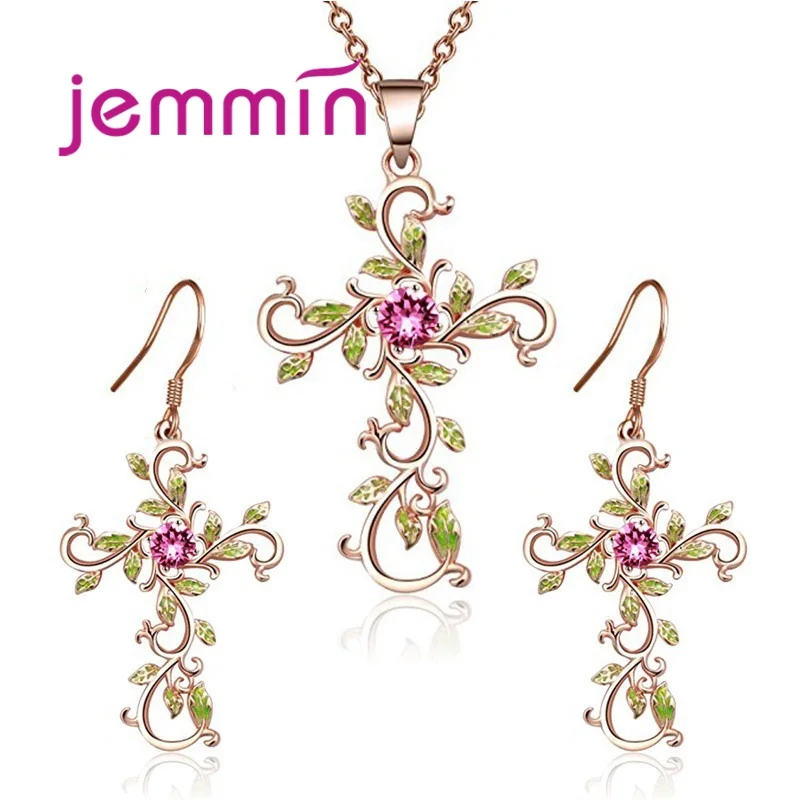 rose gold Новая мода, 925 пробы, Серебряный набор украшений для женщин и девочек, высокое качество, подвеска, ожерелье, серьги-кольца, романтические подарки на день рождения - Цвет камня: rose gold