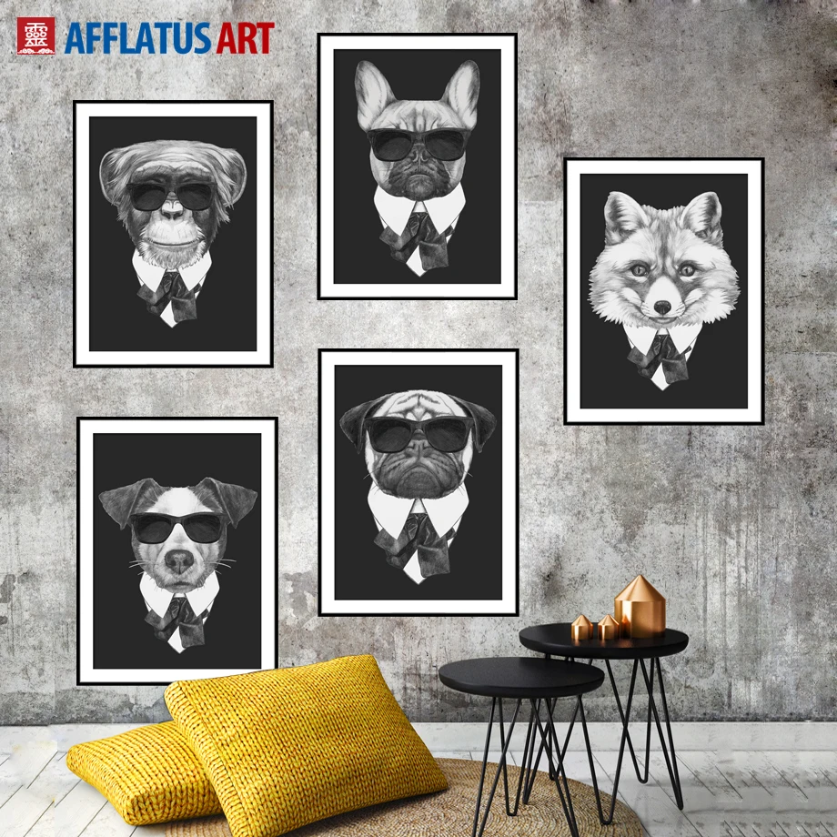 Черно белая собака лиса обезьяна мафия животные настенная живопись холст