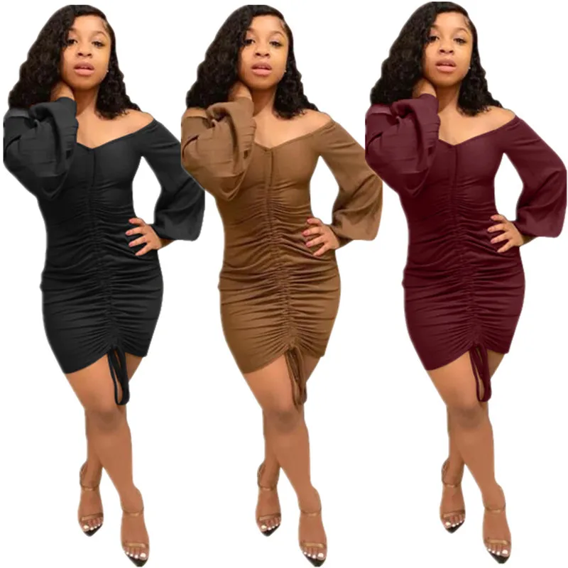 Fashion Draped Sexy Mini Dress Spring Solid Bodycon Bandage Vestidos Femme LS6115 | Женская одежда