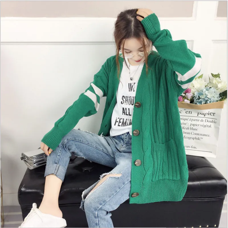 2018 трикотажный длинный кардиган свитер женский Осень Зима толстый полосатый